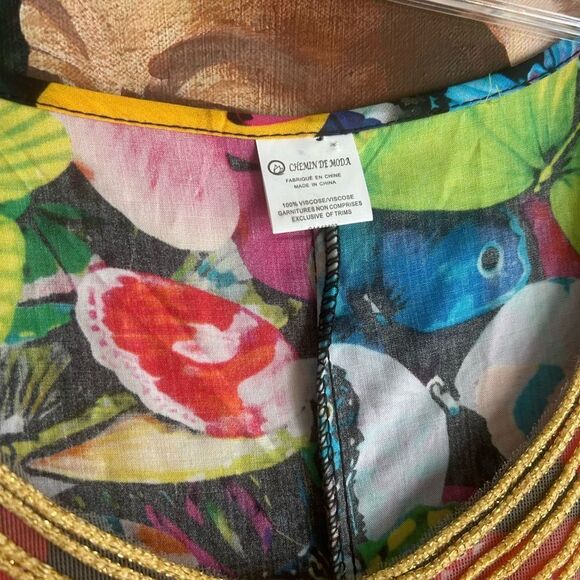 Vibrant Multicolor Maxi Dress with Butterflies and Gold Accents One Size - Picture 5 of 16